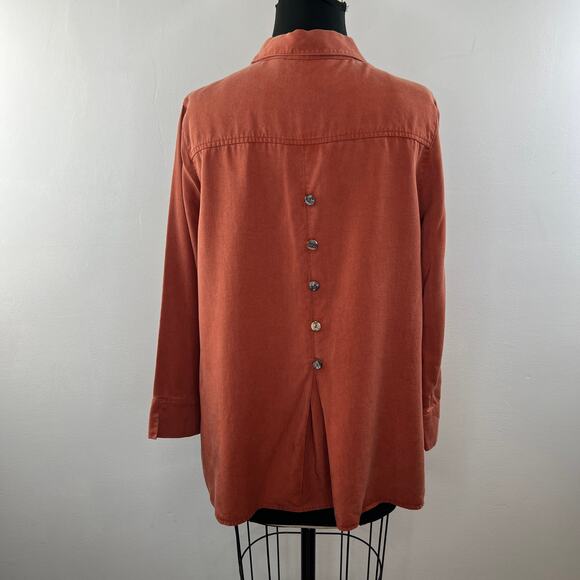 Soft Surroundings Orange Blouse Tencel Back-Button Collared Side Slit Large L - Picture 5 of 7